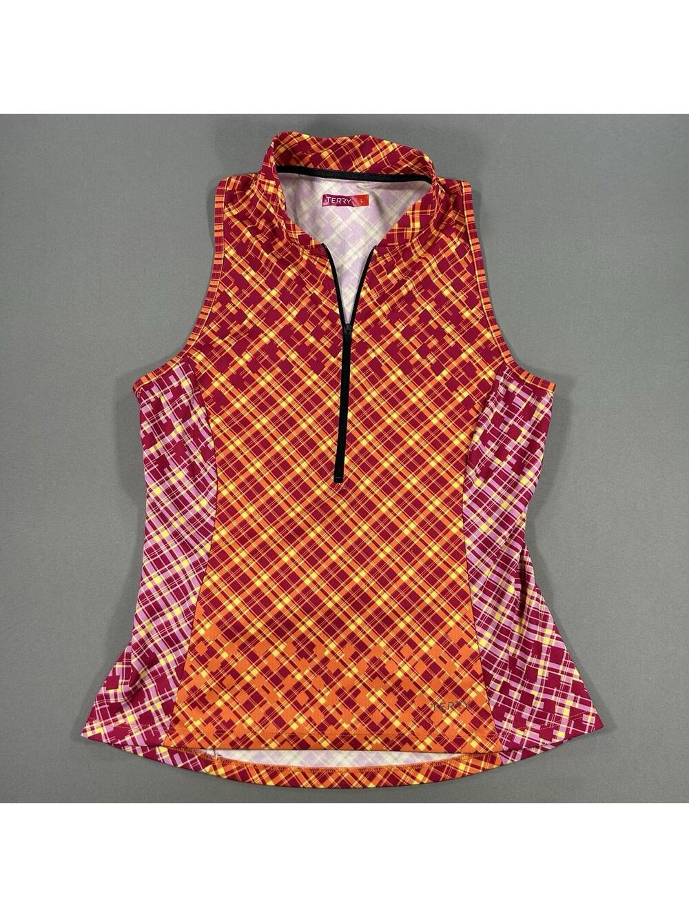 Terry Sleeveless Tank Cycling Jersey Plaid Print Zipper Top Womens Size Large